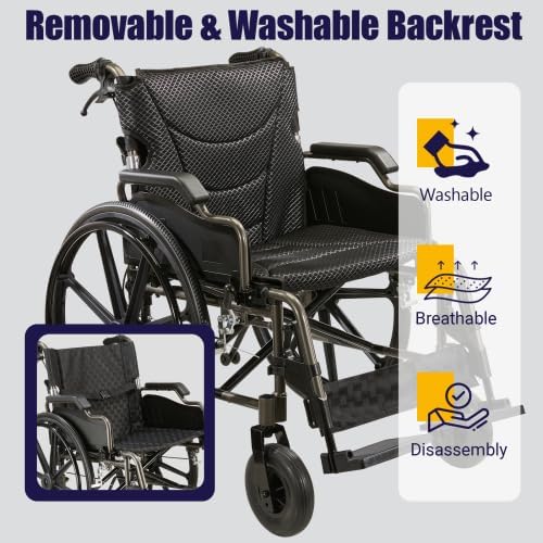18" Wide Seat Lightweight Aluminum Alloy Transport Wheelchair for Adults with Front/Rear Locking Brakes, 24" Quick-Release Wheels, Foldable Design, 300 lbs Capacity(Dark Gray)