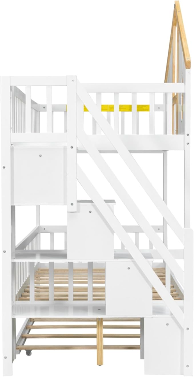 Twin Over Twin Bunk Bed with Trundle and Storage Stairs, House Triple Bunk Castle Bed with Roof and Windows, Bookshelf, Space Saving for Kids, Boys, Girls, Adults, White