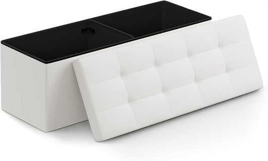 Athena Collection Leather Ottoman Bench with Storage, 43 Inches Large End of Bed Storage Ottoman Bench, 130L Load 220 Lbs Foot Rest for Bedroom, Living Room, Entyway, White