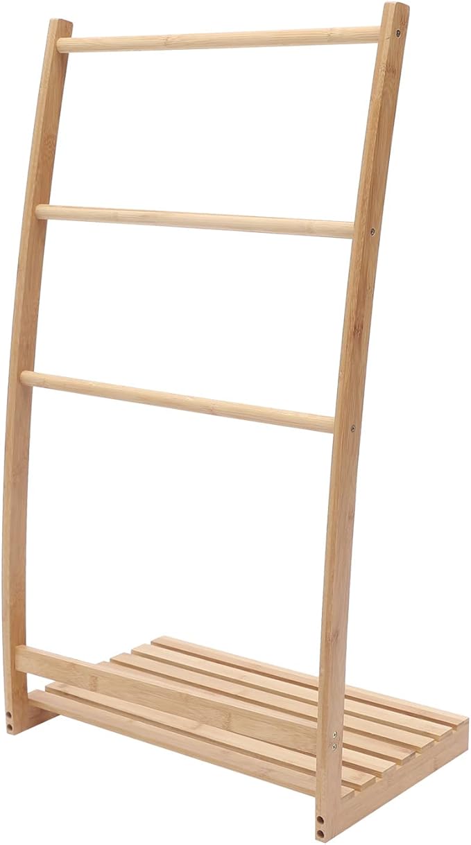 Vintage 33.27”H 3 Layer Bamboo Bathroom Towel Ladder Rack Holder, Freestanding Towel Hanging and Dry Rack Holder, Bath Towel Storage Organizer Shelf for Home Hotel Bathroom