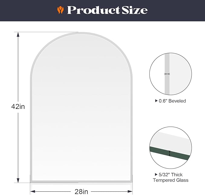 Frameless Bathroom Mirror, 28" x 42" Arched Vanity Mirror for wall Beveled, Arch Wall Mounted Mirror for Bedroom, Entryways, Over Sink
