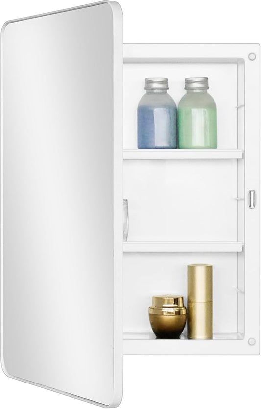 Fundin White Plastic Medicine Cabinet, Mirror Door with Round Corner Metal Frame, Recessed and Surface Mount Bathroom Wall Medicine Cabinet, 16 x 22 inch Mirror Size