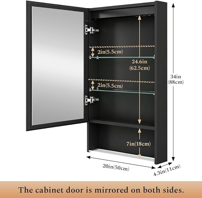 20"×34" Lighted Medicine Mirror Cabinet with Storage Adjustable Brightness 3 Color Temperature Lighting Anti-Fog Sturdy Aluminum Medicine Cabinet with Lights 2 Socket & 2 USB Ports & Adjustable Shelf