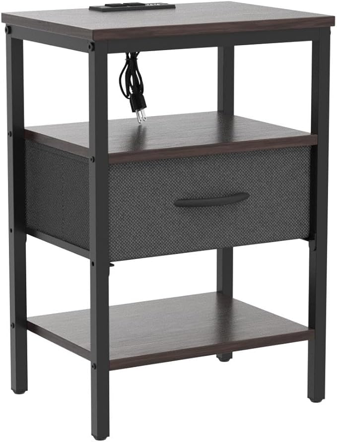 SUPERJARE Nightstand Set of 2, Bed Side Tables with Charging Station, Adjustable Fabric Drawer, Night Stand for Bedroom, 3-Tier Storage End Tables, Walnut