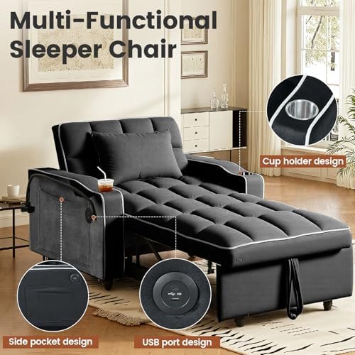 Sleeper Chair, Convertible Pull Out Chair Sleeper with Bracket and Cup Holder, Chairs Bed Sleepers with USB Ports for Adults, 3 in 1 Single Sofa Bed for Small Spaces, Living Room, Black