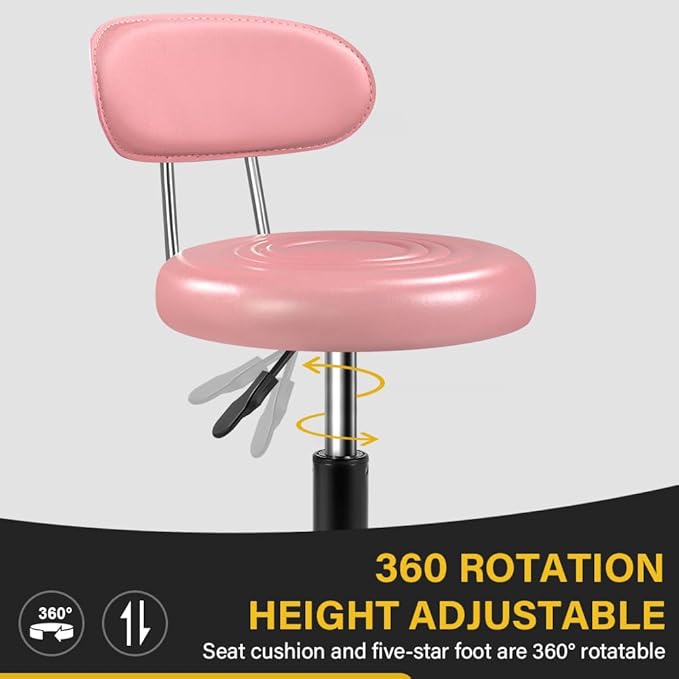 WKWKER Rolling Stool with Wheels Swivel Stool with Back Height Adjustable Chair Ideal for SPA Salon Home Office Drafting Work (Pink)