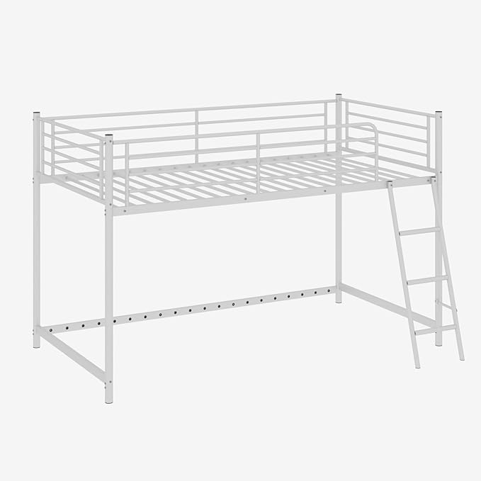 JOYMOR Low Loft Bed with Inclined Ladder, Metal Twin Size Bed Frame with 15” High Guardrail for Boys Girls, Junior, Space Saving, Mattress Not Included (White)