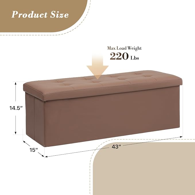 Athena Collection Leather Ottoman Bench with Storage, 43 Inches Large End of Bed Storage Ottoman Bench, 130L Load 220 Lbs Foot Rest for Bedroom, Living Room, Entyway, Brown