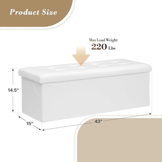 Athena Collection Leather Ottoman Bench with Storage, 43 Inches Large End of Bed Storage Ottoman Bench, 130L Load 220 Lbs Foot Rest for Bedroom, Living Room, Entyway, White