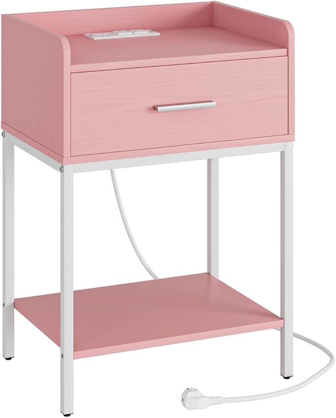 Nightstand with Charging Station,3-Tier Modern Bedside Table Night Stand with Storage Drawer and Open Shelf,Small End Side Table for Bedroom,Living Room,Pink