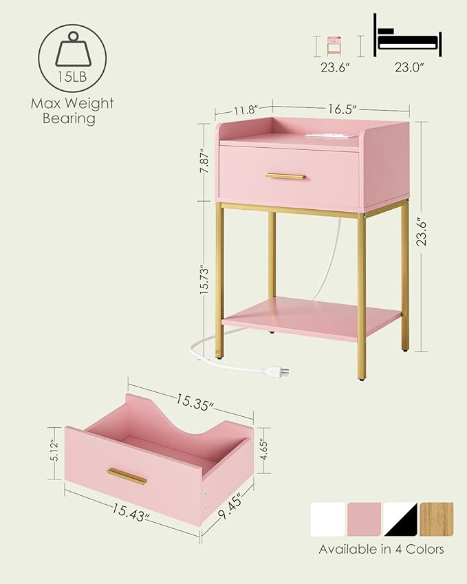 Nightstand with Charging Station, Modern Bedside Table with Drawer and Legs,Pink and Gold Night Stand with Open Shelf, Narrow Side Table for Bedroom, Living Room