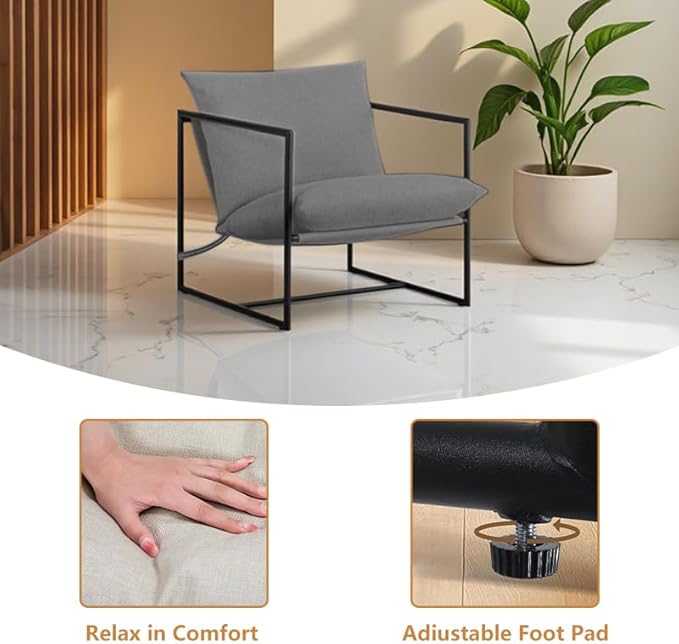Mid-Century Modern Accent Chair, Comfortable Indoor/Outdoor Lounge Armchair with Cushion for Living Room, Bedroom or Patio, Grey