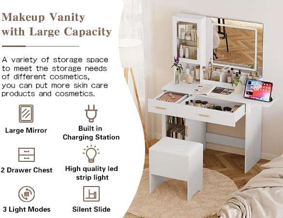 Makeup Vanity with LED Lighted Mirror & Built-in Power Socket, Dressing Table with Single Cabinet & 2 Storage Drawers, Bedroom Vanity Desk Station with Matching Stool (052 White)