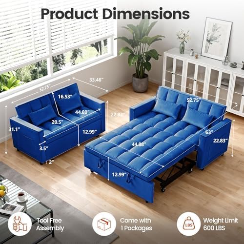 3 in 1 Convertible Sleeper Sofa Bed, Velvet Fabric Loveseat Sofa Bed with Adjustable Backrest & Large Side Pockets, Pull Out Couch for Small Spaces, Apartment, Living Room, Blue