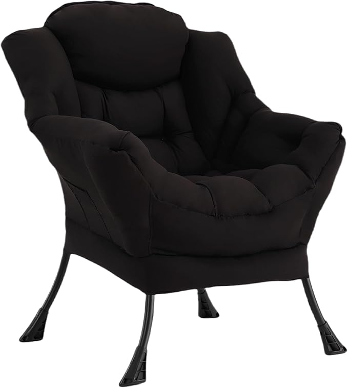 Welnow Black Single Lazy Chair for Living Room, Modern Reading Accent Chair with Armrests and a Side Pocket, Leisure Lazy Sofa Chair for Small Space, Bedroom, Dorm