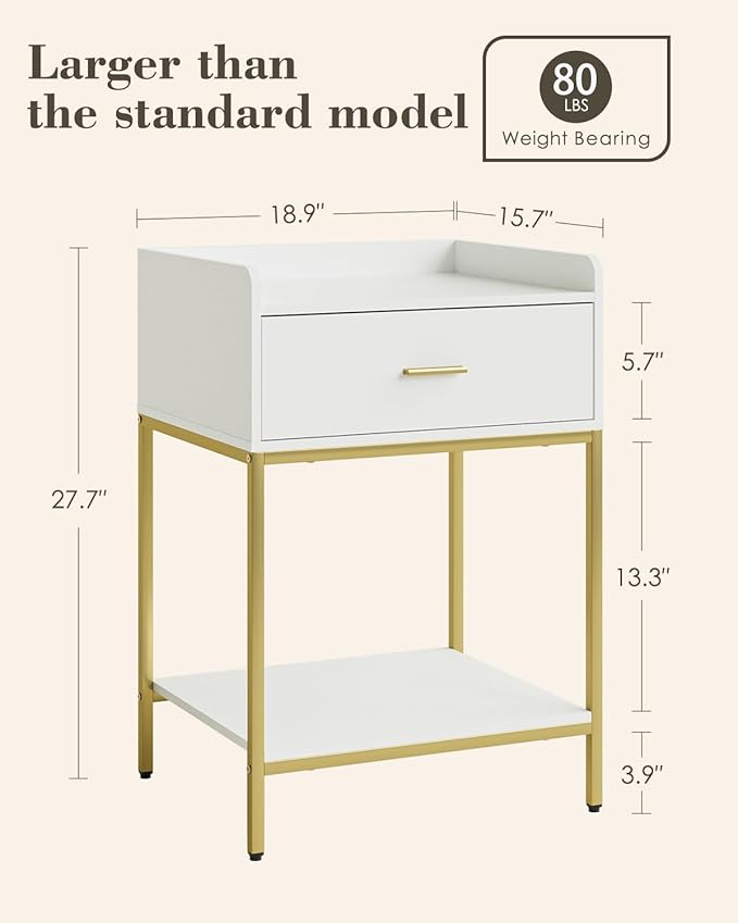 Masupu Nightstand, 3-Tier Modern Bedside Night Stand with Storage Drawer and Shelf, Large End Side Table for Bedroom, Living Room, White