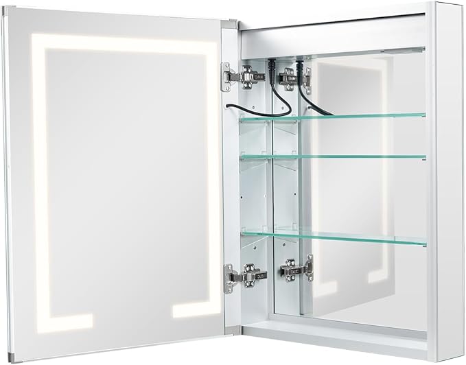 VEVOR Lighted Medicine Cabinet with Mirror, 20 x 26 in Recessed or Wall Mount, 3 Color Dimmable LED Bathroom Medicine Cabinet with Double-Side Mirror, Adjustable Shelves, Memory Anti-Fog Function