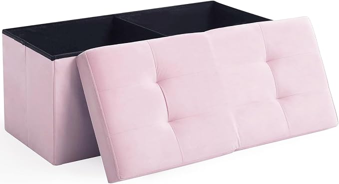 Storage Ottoman Bench Foldable Seat Footrest Shoe Bench End of Bed Storage with Flipping Lid, 75L Storage Space, 30 inches Velvet Pink