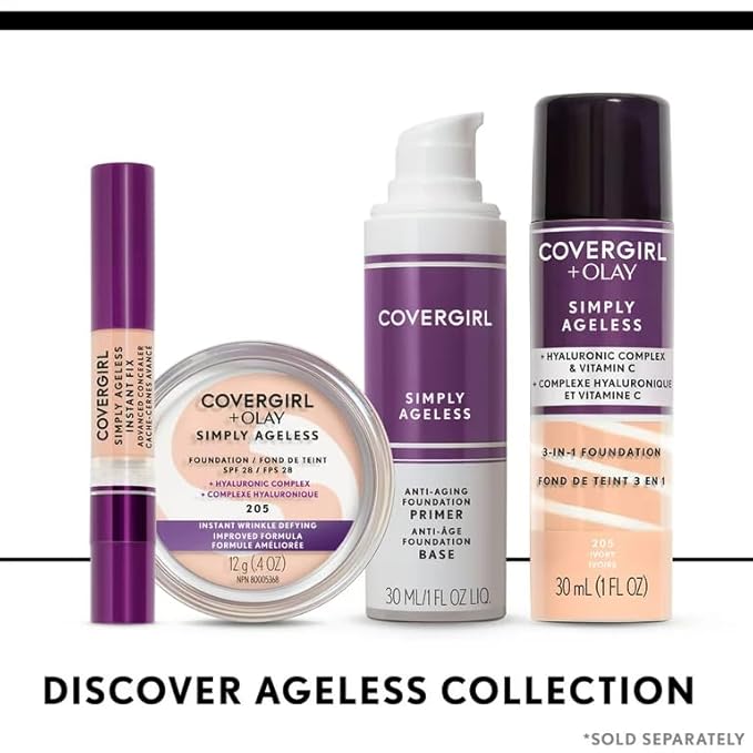 COVERGIRL & Olay Simply Ageless 3-in-1 Liquid Foundation, Matte Finish, Hyaluronic & Vitamin C Formula, 255 Soft Honey, 1 Count