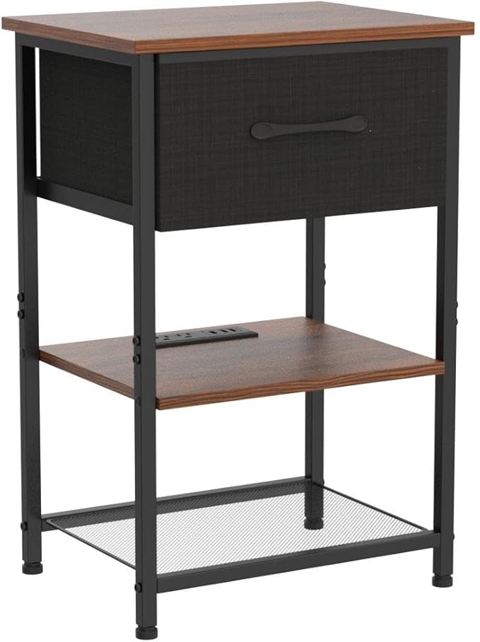 LAKEMID Nightstands Set of 2 with Charging Station and Drawer,Wood Bedside Table with 20 Colors LED Light for Bedroom Living Room (Rustic Brown)