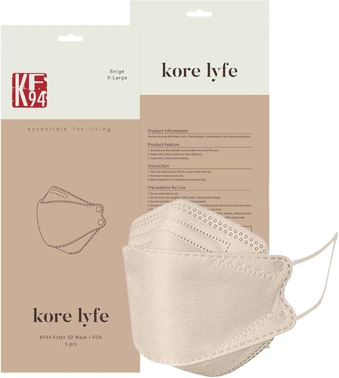 BEIGE X-LARGE [10 PCS] 25% LARGER KF94 Face Mask [Made in Korea] In 5 PCS Reclosable Package Breathable Premium Quality [Package in English]