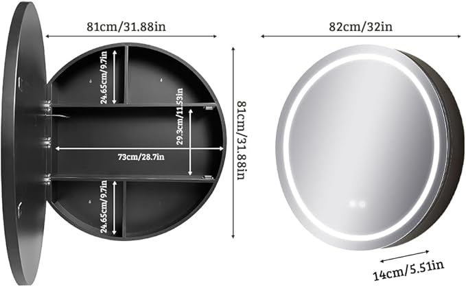 Round Medicine Cabinet with Light,3 Color Temperature,Dimmer,Defogger,32inch,Black