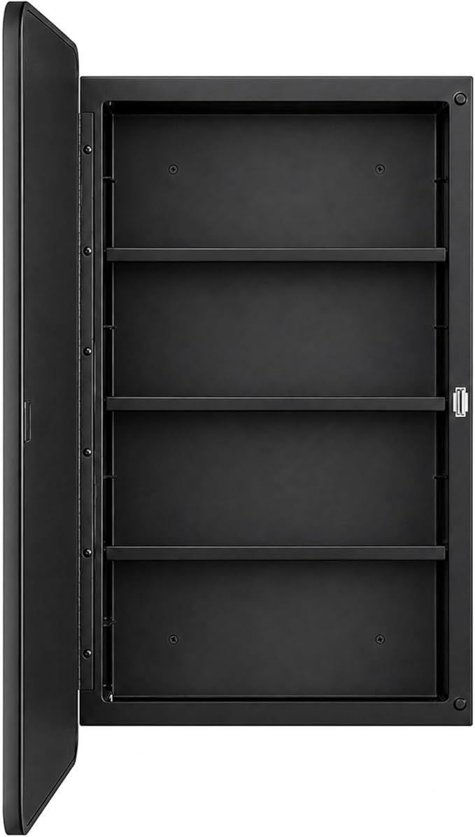 Fundin Black Plastic Medicine Cabinet, Mirror Door with Round Corner Metal Frame, Recessed and Surface Mount Bathroom Wall Medicine Cabinet, 16 x 28 inch Mirror Size