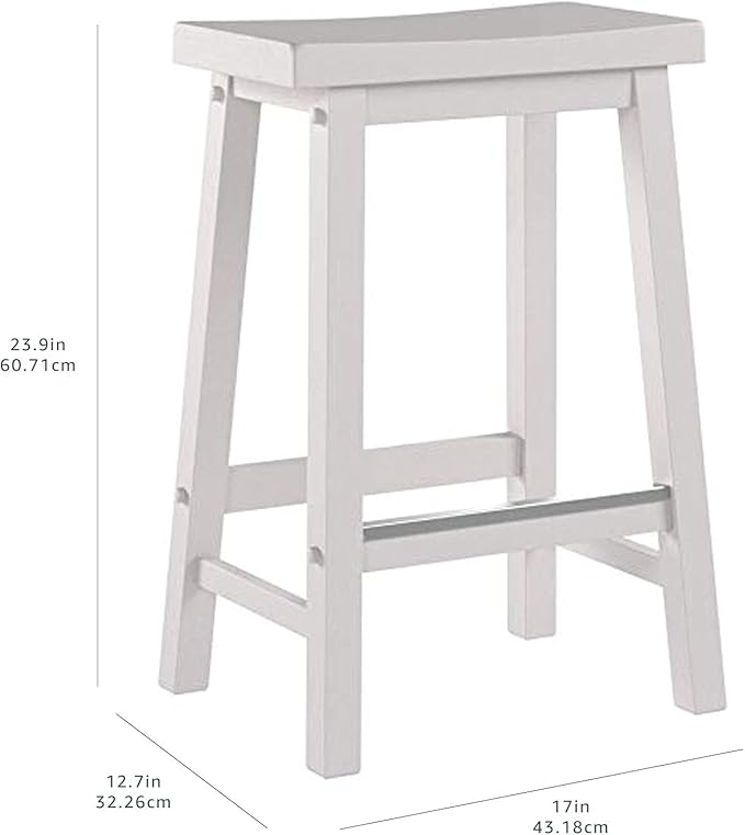 Amazon Basics Solid Wood Saddle-Seat Counter Height Bar Stools for Kitchen Island with Footrest, Sturdy Construction, 24-Inch Height, White, Set of 2