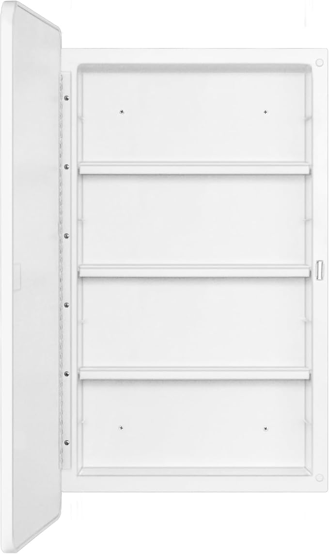 Fundin White Plastic Medicine Cabinet, Mirror Door with Round Corner Metal Frame, Recessed and Surface Mount Bathroom Wall Medicine Cabinet, 16 x 28 inch Mirror Size
