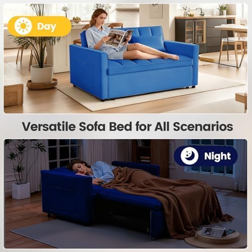 3 in 1 Convertible Sleeper Sofa Bed, Velvet Fabric Loveseat Sofa Bed with Adjustable Backrest & Large Side Pockets, Pull Out Couch for Small Spaces, Apartment, Living Room, Blue