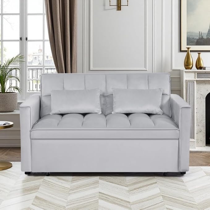 3 in 1 Convertible Sleeper Sofa Bed, Velvet Fabric Loveseat Sofa Bed with Adjustable Backrest & Large Side Pockets, Pull Out Couch for Small Spaces, Apartment, Living Room, Gray