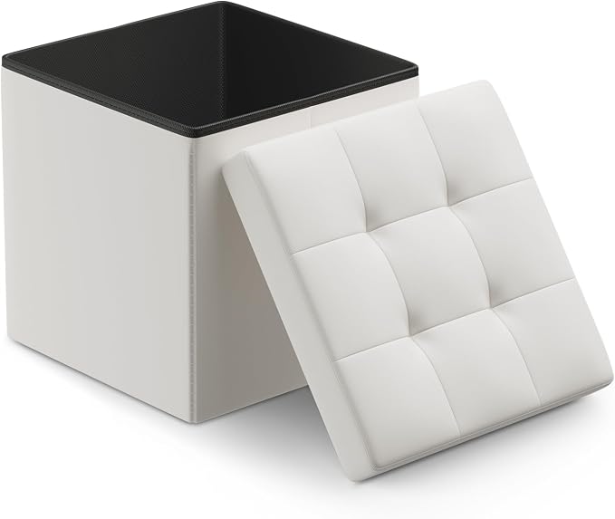 Athena Collection Leather Square Ottoman with Storage, 15 Inch Small Storage Ottoman, Multipurpose Footstool Foot Rest for Living Room, Bedroom, Dorm, White