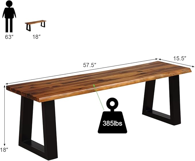 Giantex 57.5" Live Edge Acacia Wood Bnech, 3-Person Backless Outdoor Dining Bench with Metal Legs & Adjustable Foot Pads for Entryway, Balcony, Porch, Backyard, Garden and Poolside (2 Pack)