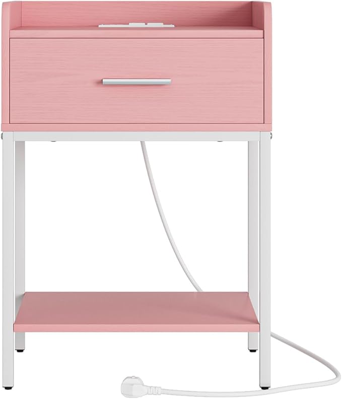 Nightstand with Charging Station,3-Tier Modern Bedside Table Night Stand with Storage Drawer and Open Shelf,Small End Side Table for Bedroom,Living Room,Pink