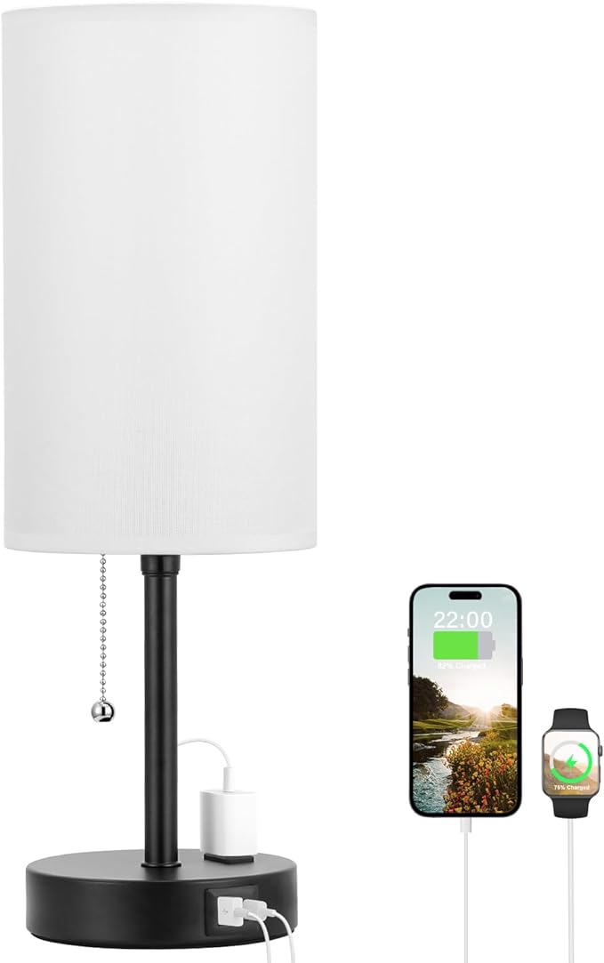 Dicoool 17Inch Tall Bedroom Lamps with USB C and A Ports 3 Color Temperatures - Pull Chain White Nightstand Bedside Table Lamp with AC Outlet, Side Lamp for Living Room End Table