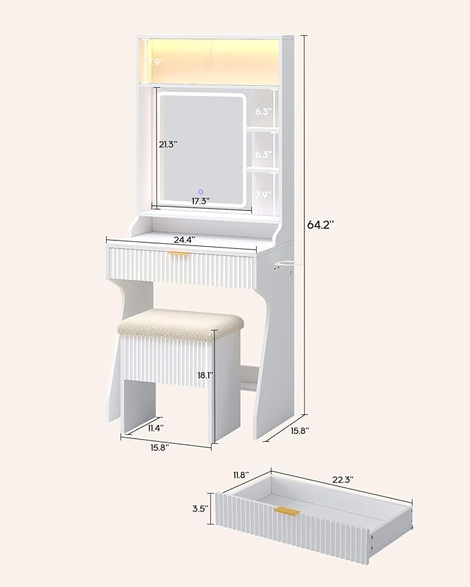HAUOMS Small Vanity Desk with Mirror and Lights, Sound Sync LED Lights, Fluted Wood Compact Makeup Vanity Table Set with Teddy Fleece Chair, Storage Drawer, Shelves, Bedroom (White)