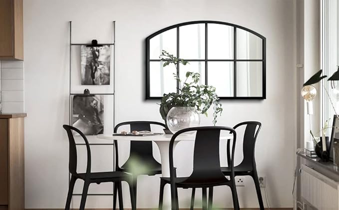WAMIRRO Wide Window Pane Black Mirror,Farmhouse Arched Wall Mirrors,Grid Mirrors for Fireplace/Entryway/Hallway/Living Room,28“X42” (Black Wide Mirror)