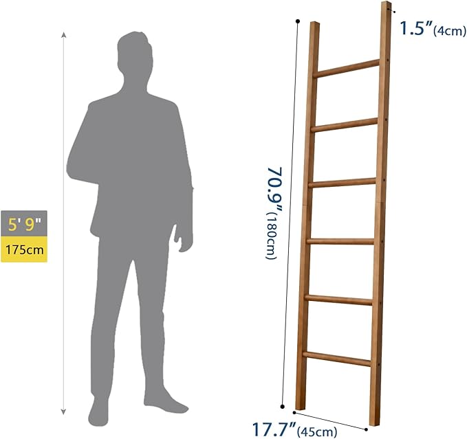 SwallowLiving 6ft Blanket Ladder, Solid Wood Towel Ladder, Rustic Decorative Ladder for Blankets, Farmhouse Wooden Quilt Rack for Living Room & Bathroom