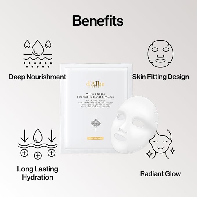 d'alba Piedmont Italian White Truffle Nourishing Mask 10pcs, Vegan Skincare, Nourishing Sheet Mask for Dry and Tired Skin, Deep Hydration, Korean Skin Care (5pcs x 2)