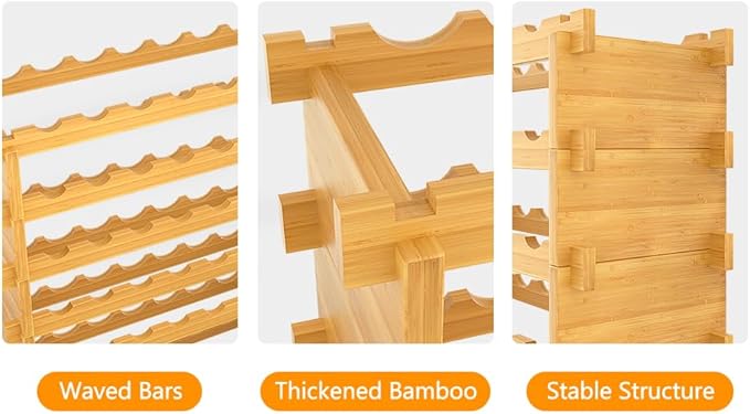 Bamboo Wine Rack Stackable, 8-Tier 72 Bottles Large Capacity, Modular Wine Storage Rack Free Standing, Floor Wine Display Shelf