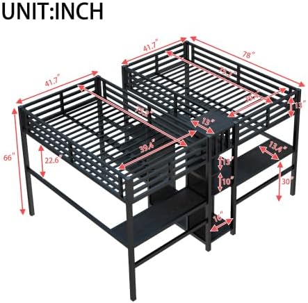 Harper & Bright Designs Twin Metal Loft Bed with Desk and Wardrobe for 2, Double Loft Bed Frame with Storage Shelf and Electrical Outlet, Black