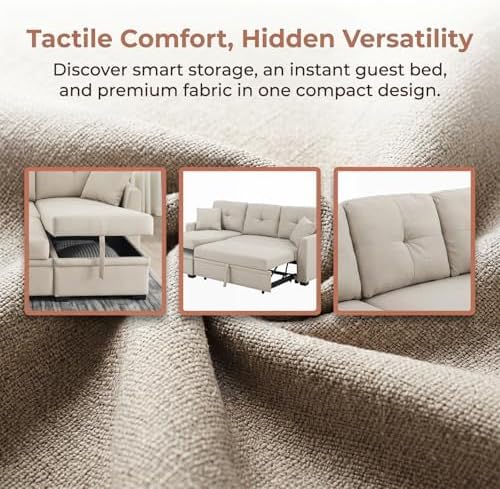 Convertible Sofa Bed, L Shape Sleeper Sofa with Reversible Storage Chaise, Tufted Fabric Sectional Sleeper Sofa with Pull Out Bed for Small Space, Living Room, Apartment, Almond