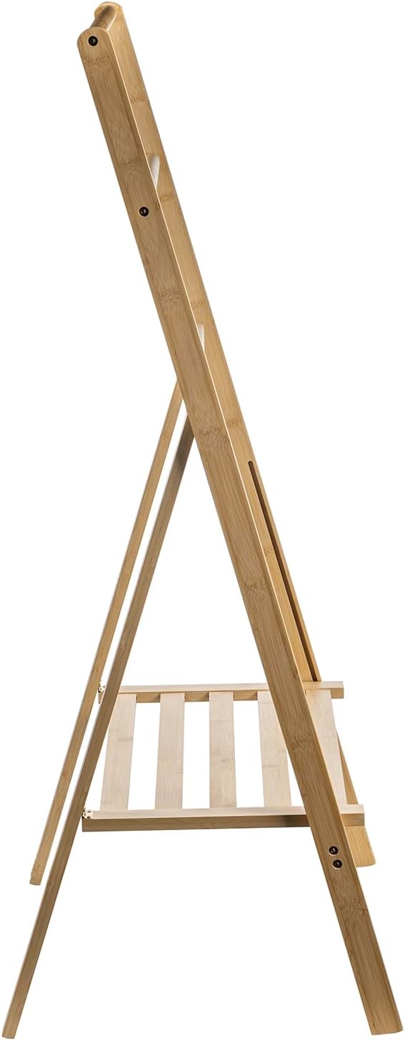 MyGift 3 Tier Free Standing Towel Rack for Bathroom, Pool Outdoor, Foldable Blanket Ladder with Storage Shelf, 43" H Bath Towel Holder Organizer Drying Rack, Light Brown Solid Bamboo Quilt Rack