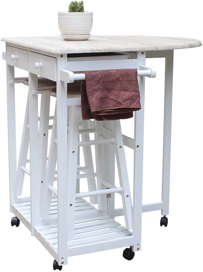 FCH Drop Leaf Dining Table with Chair Sets for Small Kitchen 3 PCS Wooden Kitchen Trolley Cart with Wheels 2 Round Bar Stools and 2 Drawers for 2 Person