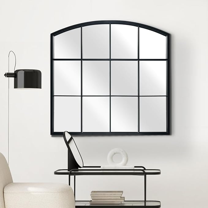 WAMIRRO Window Pane Black Mirror,Farmhouse Arched Wall Mirror,Mantel Mirror for Fireplace/Entryway/Hallway/Living Room,36"X 36"