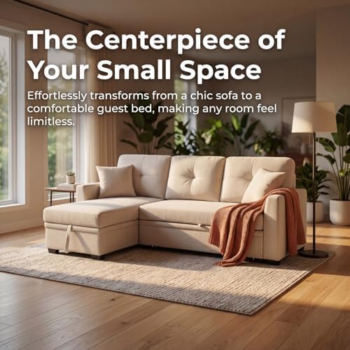 Convertible Sofa Bed, L Shape Sleeper Sofa with Reversible Storage Chaise, Tufted Fabric Sectional Sleeper Sofa with Pull Out Bed for Small Space, Living Room, Apartment, Almond