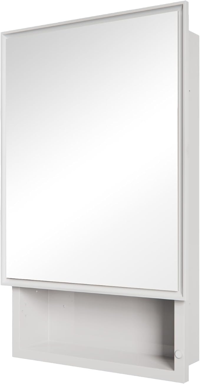Plastic Medicine Cabinet with Mirror 16x26 inch, Recessed Medicine Cabinet or Surface Wall Mount Bathroom Cabinets with Removable Shelves, White Framed Mirror Cabinet