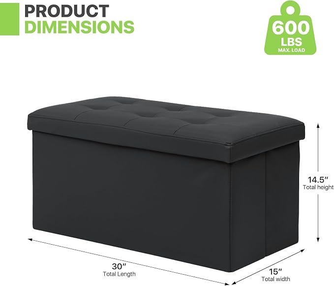 Magshion Folding Storage Ottoman Bench, 15 x 30 x 14.5 Inches PU Leather Ottoman Foot Rest, End of Bed Bench, 90L Storage Chest for Bedroom, Living Room, Entryway, Hallway, Black