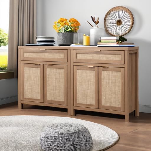 SICOTAS Sideboard Buffet Cabinet Set of 2, Rattan Credenza Storage Cabinet, Boho Buffet Table Console Cabinets with Drawer, Farmhouse Coffee Bar for Entryway Living Room, Natural Oak