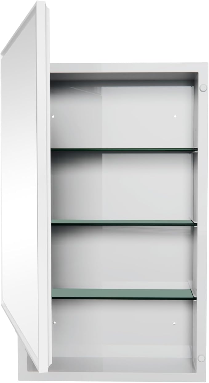 Plastic Medicine Cabinet with Mirror 16x26 inch, Recessed Medicine Cabinet or Surface Wall Mount Bathroom Cabinets with Removable Shelves, White Framed Mirror Cabinet